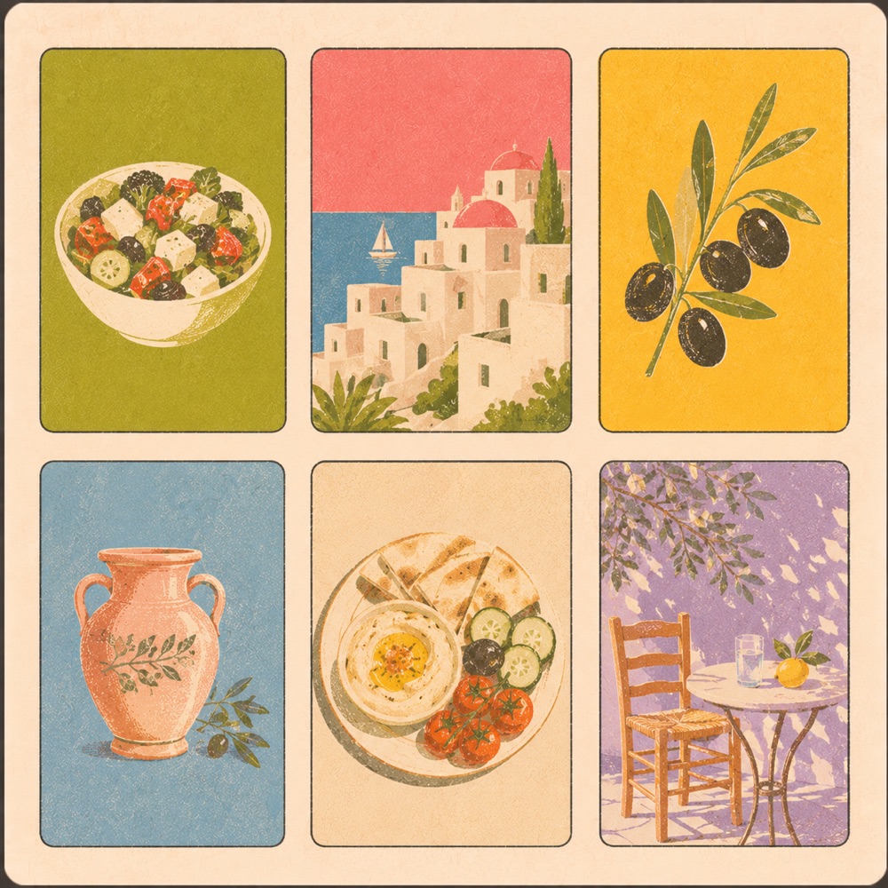 Mediterranean living illustration, Greek salad, coastal village, olives, and a shaded terrace